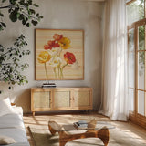 Dancing Poppies on Stripes by Danhui Nai. Shown in a natural wood frame in a cozy modern living room. Available as an archival giclee rolled canvas, fine art paper, or poster print. SKU 1136a.