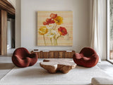 Dancing Poppies on Stripes by Danhui Nai. Shown as extra-large giant wall art in a modern living room. Available as an archival giclee rolled canvas, fine art paper, or poster print. SKU 1136a.