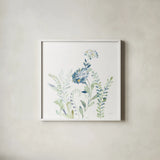 Dark Blues of Summer VII No Dragonfly by Danhui Nai. Shown in a crisp white glass frame for a clean and minimalist style. Available as an archival giclee rolled canvas, fine art paper, or poster print. SKU 77906a.