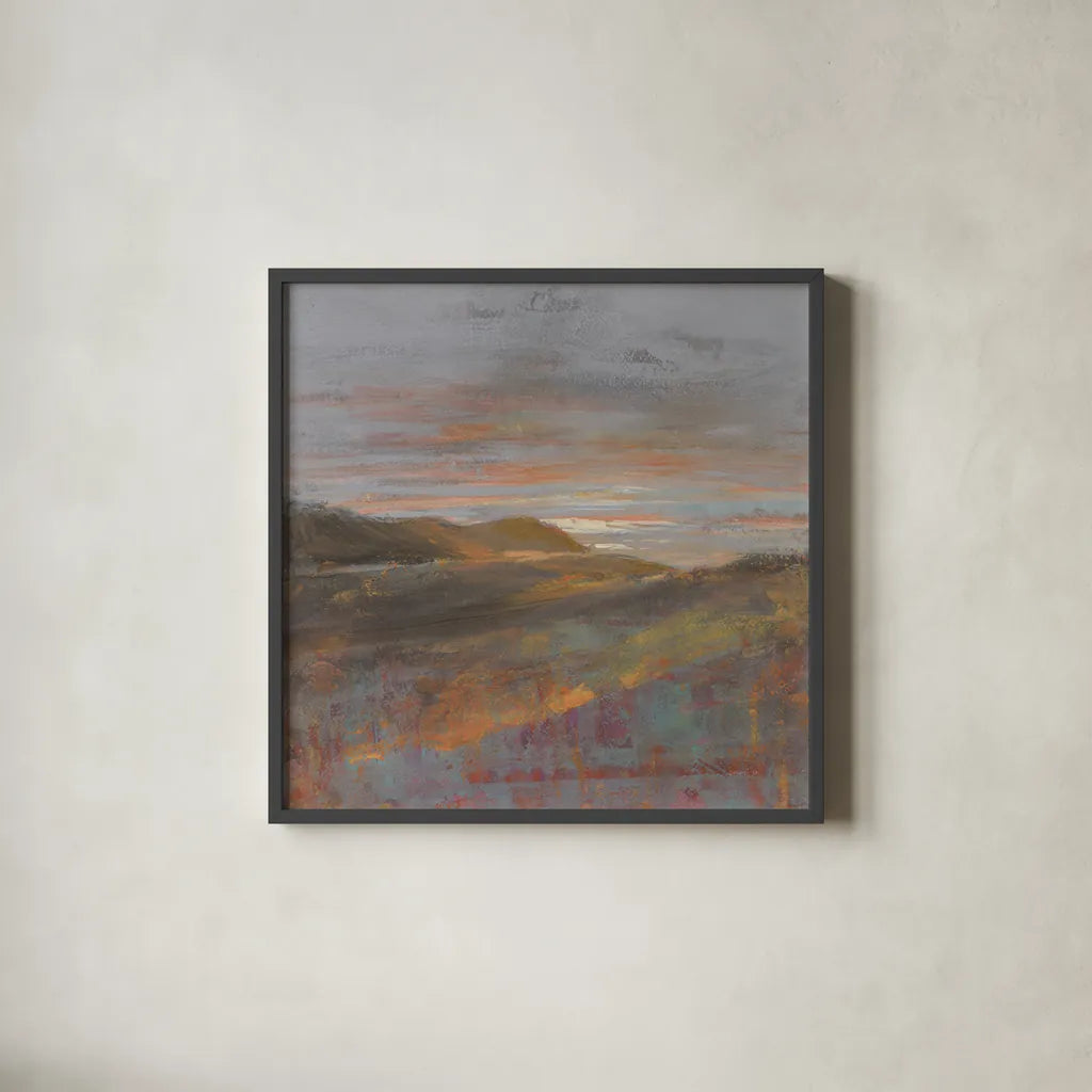 Dawn on the Hills by Danhui Nai. Shown in a sleek black glass frame for a contemporary gallery look. Available as an archival giclee rolled canvas, fine art paper, or poster print. SKU 66236a.