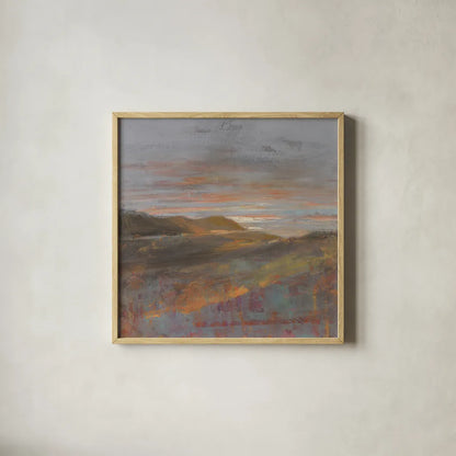 Dawn on the Hills by Danhui Nai. Shown in a natural wood glass frame for a timeless modern aesthetic. Available as an archival giclee rolled canvas, fine art paper, or poster print. SKU 66236a.
