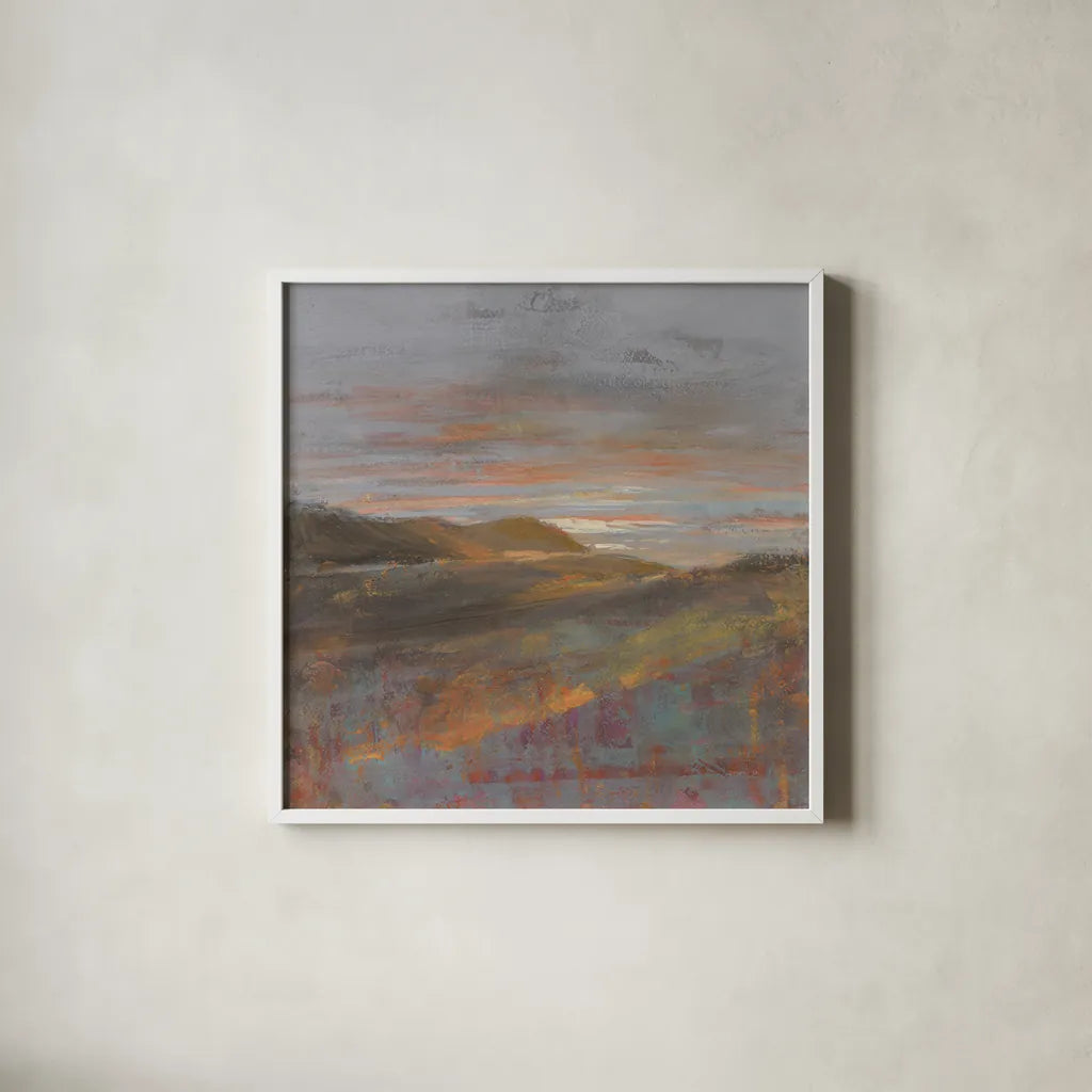 Dawn on the Hills by Danhui Nai. Shown in a crisp white glass frame for a clean and minimalist style. Available as an archival giclee rolled canvas, fine art paper, or poster print. SKU 66236a.