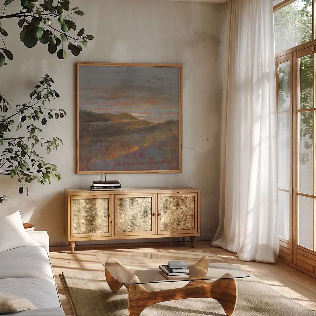 Dawn on the Hills by Danhui Nai. Shown in a natural wood frame in a cozy modern living room. Available as an archival giclee rolled canvas, fine art paper, or poster print. SKU 66236a.
