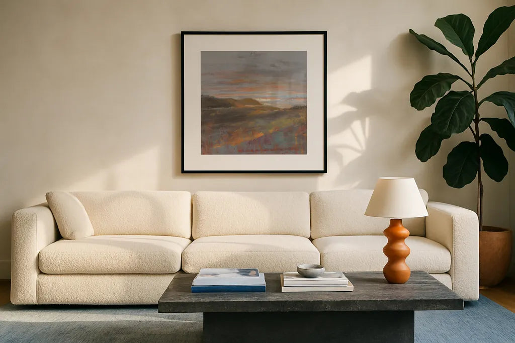 Dawn on the Hills by Danhui Nai. Displayed in a glass frame with matte in a clean modern living room. Available as an archival giclee rolled canvas, fine art paper, or poster print. SKU 66236a.