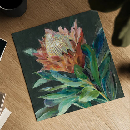 Deep Protea Crop by Danhui Nai. Shown as a detailed flat fine art print, highlighting archival giclee quality. Available as an archival giclee rolled canvas, fine art paper, or poster print. SKU 66891a.