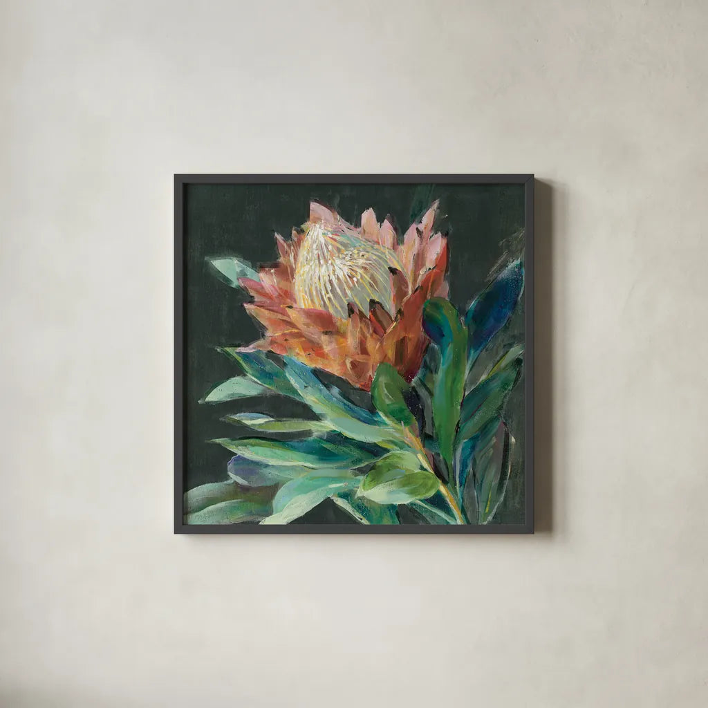 Deep Protea Crop by Danhui Nai. Shown in a sleek black glass frame for a contemporary gallery look. Available as an archival giclee rolled canvas, fine art paper, or poster print. SKU 66891a.
