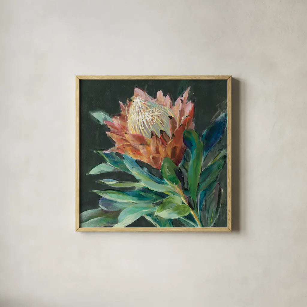 Deep Protea Crop by Danhui Nai. Shown in a natural wood glass frame for a timeless modern aesthetic. Available as an archival giclee rolled canvas, fine art paper, or poster print. SKU 66891a.