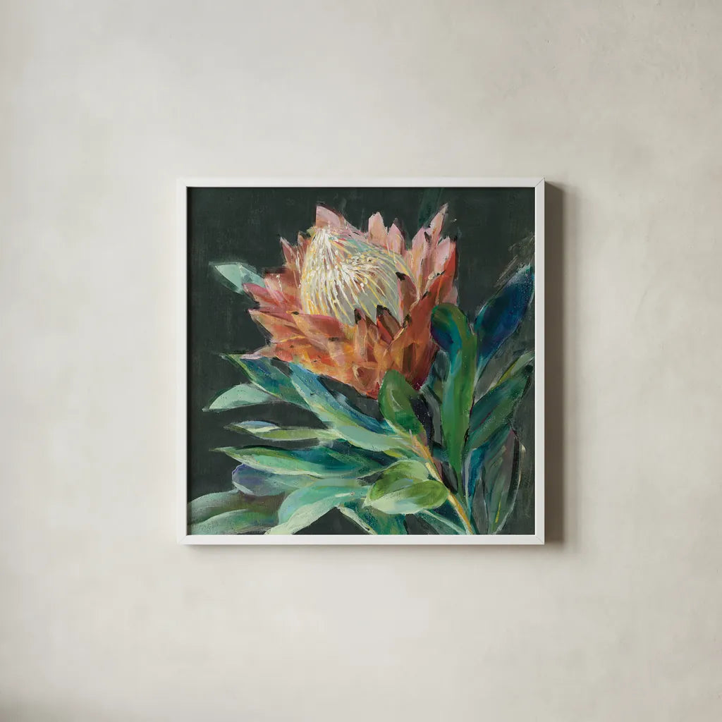 Deep Protea Crop by Danhui Nai. Shown in a crisp white glass frame for a clean and minimalist style. Available as an archival giclee rolled canvas, fine art paper, or poster print. SKU 66891a.