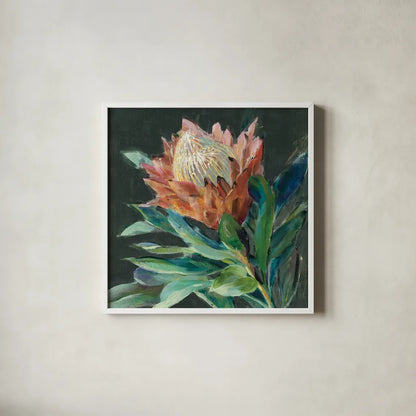 Deep Protea Crop by Danhui Nai. Shown in a crisp white glass frame for a clean and minimalist style. Available as an archival giclee rolled canvas, fine art paper, or poster print. SKU 66891a.