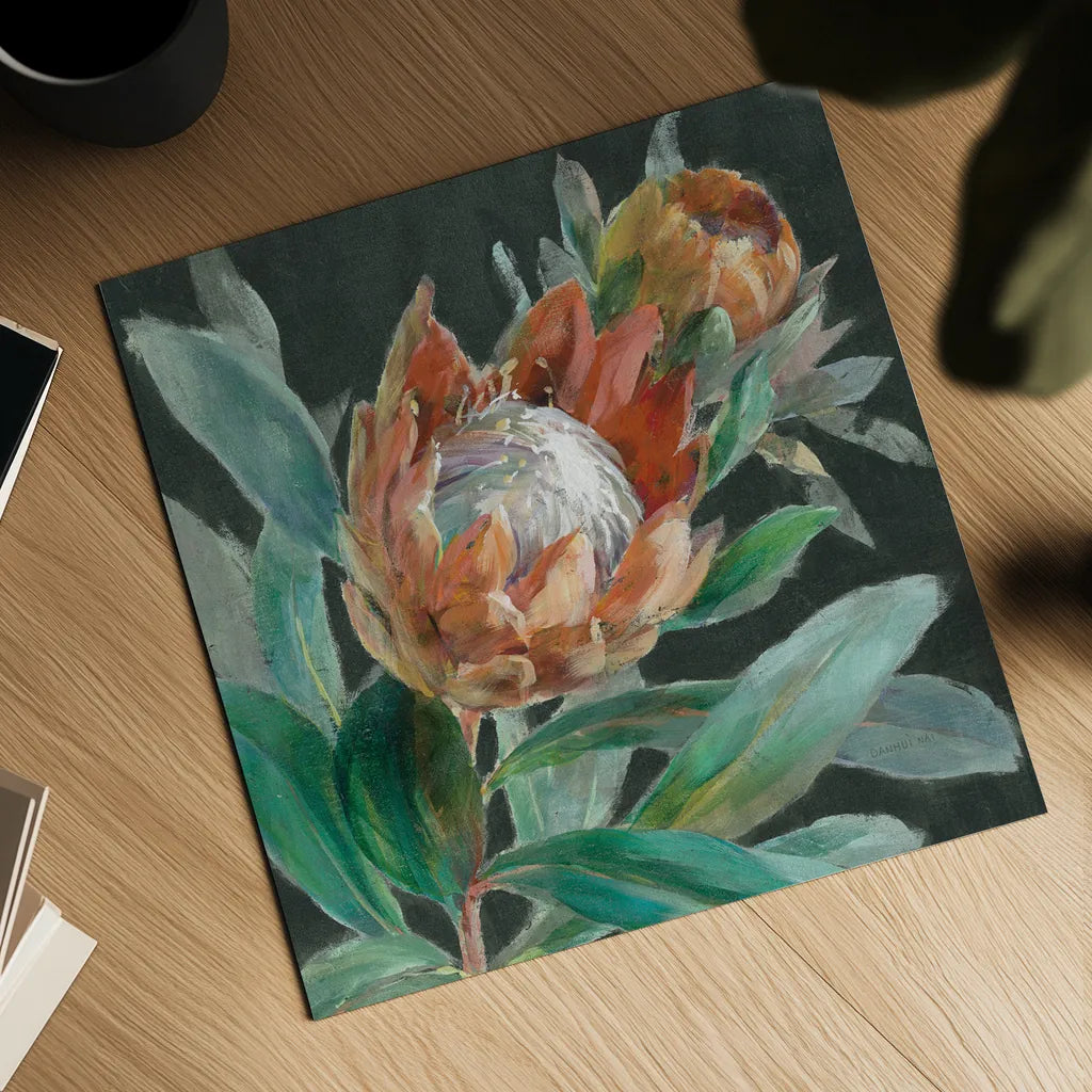 Deep Tropical Protea Crop by Danhui Nai. Shown as a detailed flat fine art print, highlighting archival giclee quality. Available as an archival giclee rolled canvas, fine art paper, or poster print. SKU 69971a.