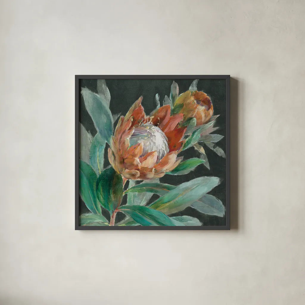 Deep Tropical Protea Crop by Danhui Nai. Shown in a sleek black glass frame for a contemporary gallery look. Available as an archival giclee rolled canvas, fine art paper, or poster print. SKU 69971a.