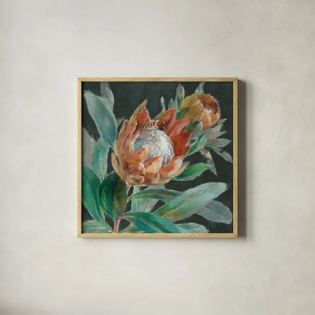 Deep Tropical Protea Crop by Danhui Nai. Shown in a natural wood glass frame for a timeless modern aesthetic. Available as an archival giclee rolled canvas, fine art paper, or poster print. SKU 69971a.