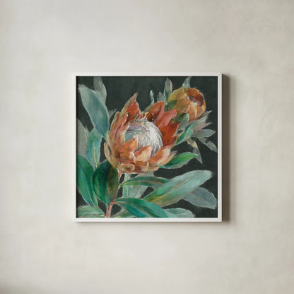 Deep Tropical Protea Crop by Danhui Nai. Shown in a crisp white glass frame for a clean and minimalist style. Available as an archival giclee rolled canvas, fine art paper, or poster print. SKU 69971a.