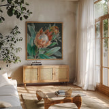 Deep Tropical Protea Crop by Danhui Nai. Shown in a natural wood frame in a cozy modern living room. Available as an archival giclee rolled canvas, fine art paper, or poster print. SKU 69971a.
