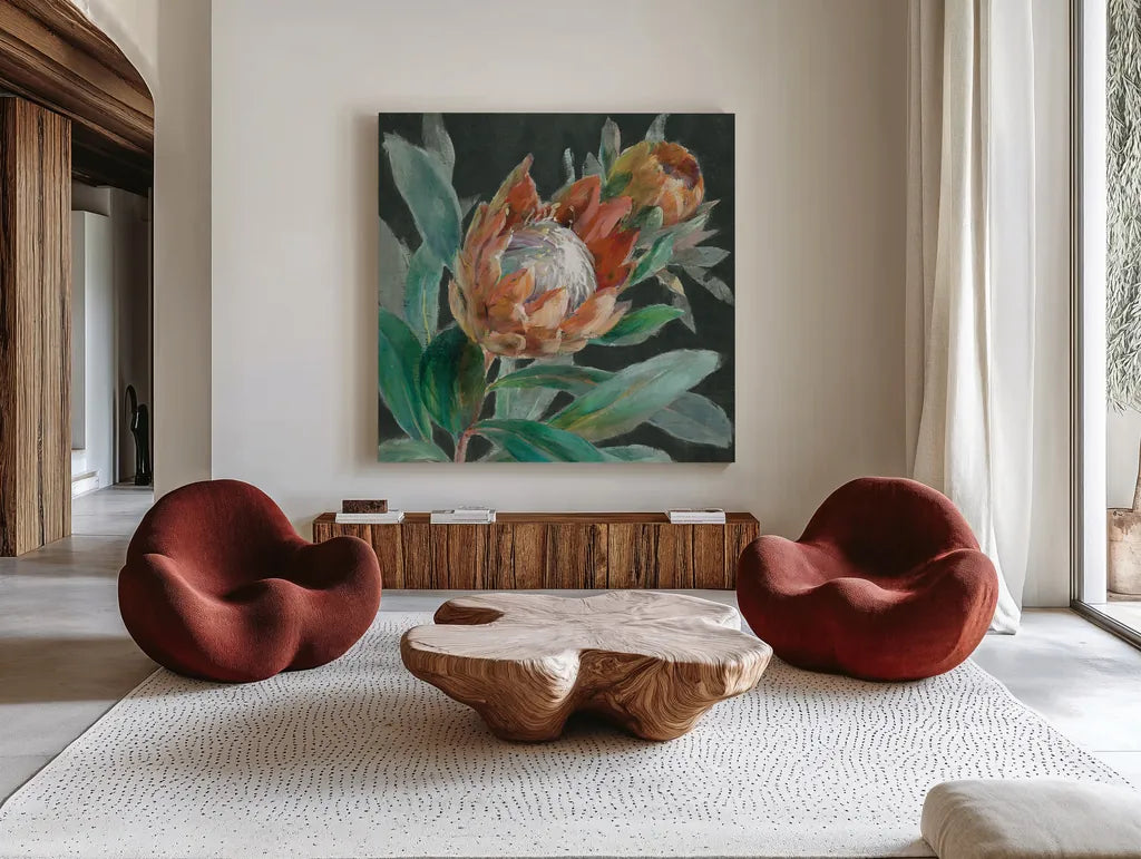 Deep Tropical Protea Crop by Danhui Nai. Shown as extra-large giant wall art in a modern living room. Available as an archival giclee rolled canvas, fine art paper, or poster print. SKU 69971a.