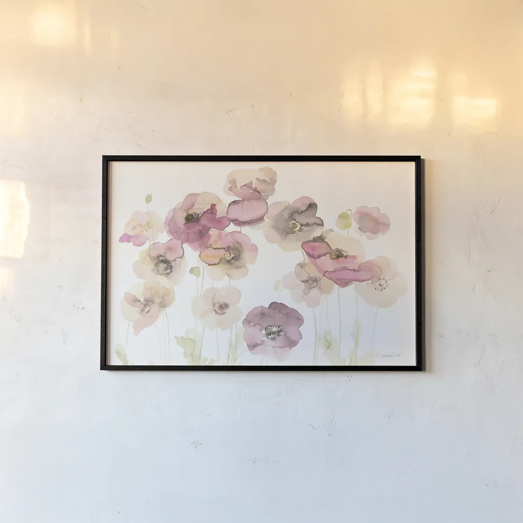 Delicate Poppies Crop by Danhui Nai. shown as a paper print in a black flame. Available as a archival giclee rolled canvas, fine art paper, or poster print. SKU 38230i.