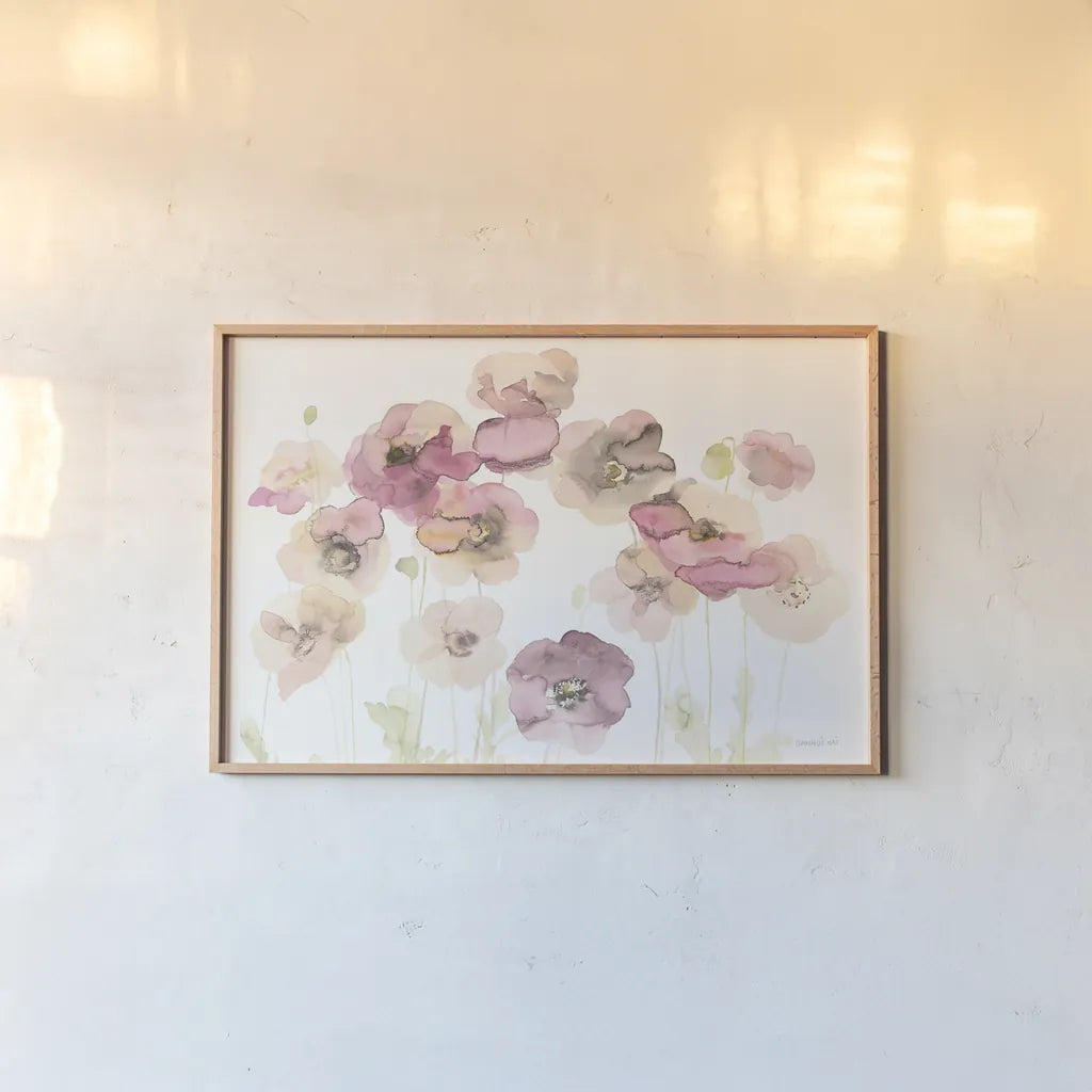 Delicate Poppies Crop by Danhui Nai. shown as a paper print in a natural frame. Available as a archival giclee rolled canvas, fine art paper, or poster print. SKU 38230i.