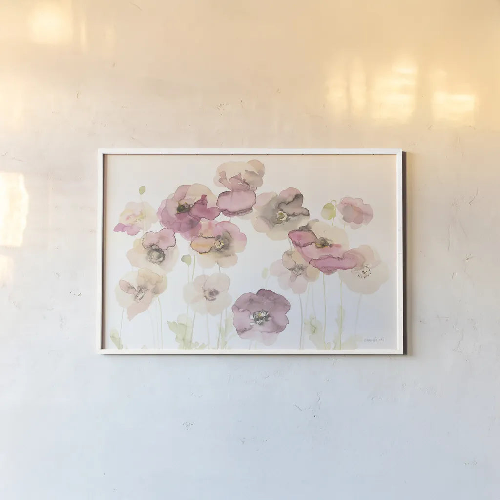 Delicate Poppies Crop by Danhui Nai. shown as a paper print in a white frame. Available as a archival giclee rolled canvas, fine art paper, or poster print. SKU 38230i.