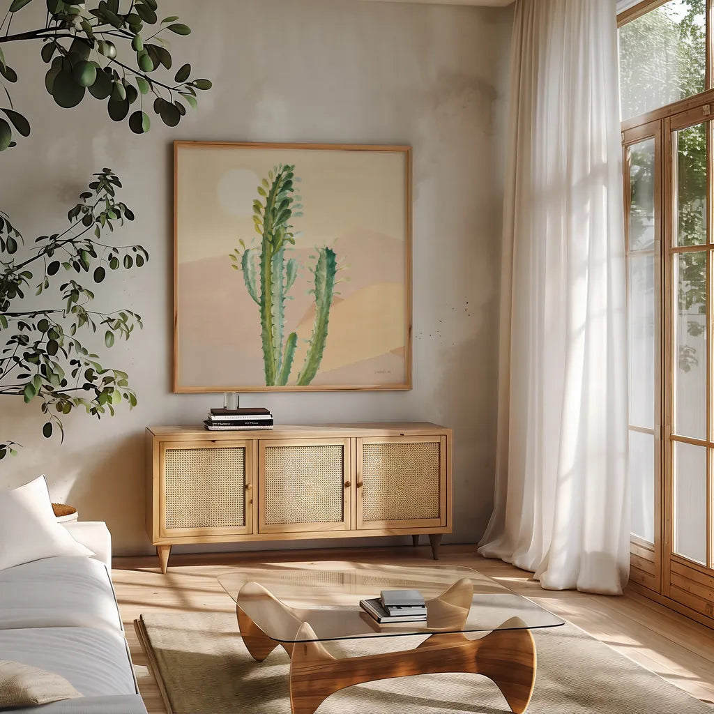 Desert Greenhouse II by Danhui Nai. Shown in a natural wood frame in a cozy modern living room. Available as an archival giclee rolled canvas, fine art paper, or poster print. SKU 77992a.