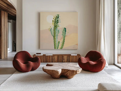 Desert Greenhouse II by Danhui Nai. Shown as extra-large giant wall art in a modern living room. Available as an archival giclee rolled canvas, fine art paper, or poster print. SKU 77992a.