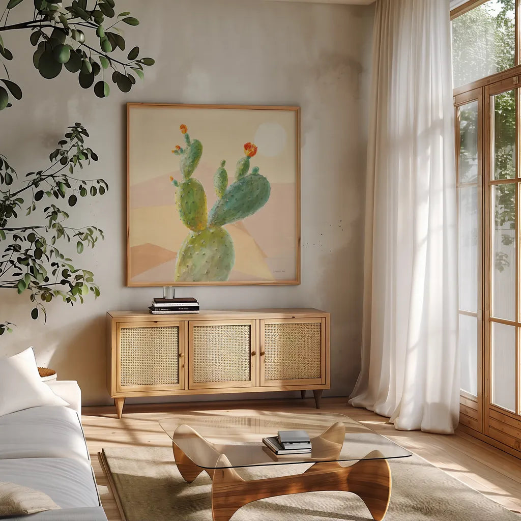 Desert Greenhouse IV by Danhui Nai. Shown in a natural wood frame in a cozy modern living room. Available as an archival giclee rolled canvas, fine art paper, or poster print. SKU 77994a.