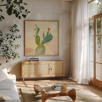 Desert Greenhouse IV by Danhui Nai. Shown in a natural wood frame in a cozy modern living room. Available as an archival giclee rolled canvas, fine art paper, or poster print. SKU 77994a.