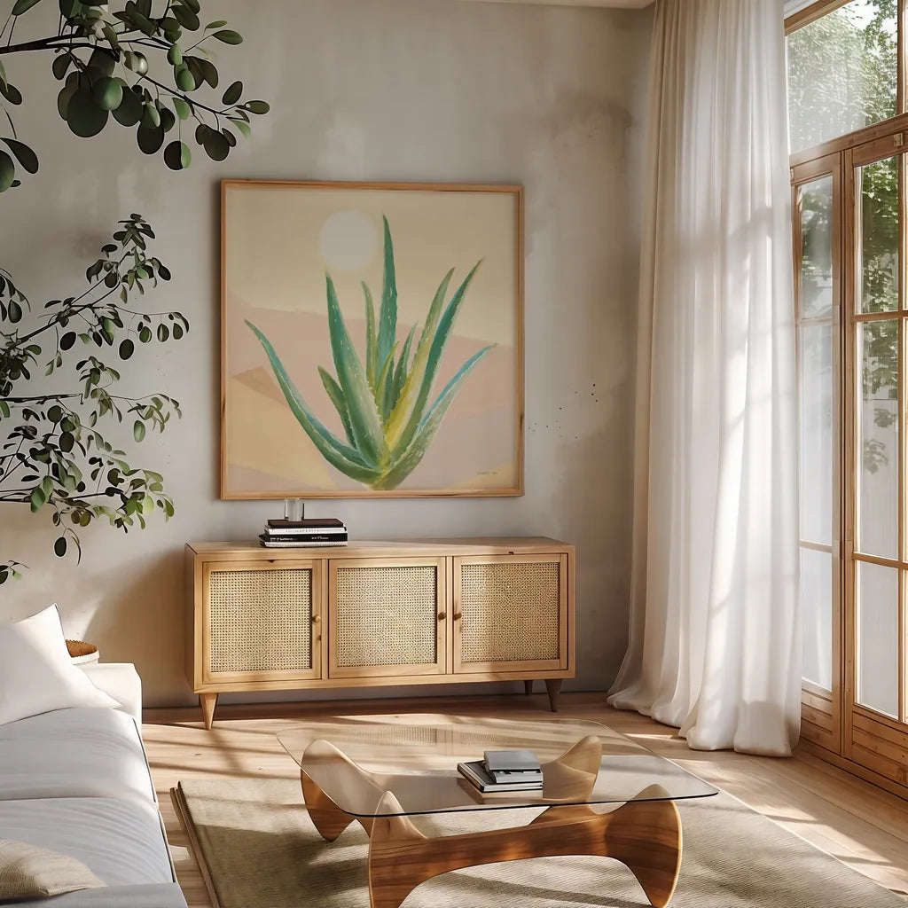 Desert Greenhouse V by Danhui Nai. Shown in a natural wood frame in a cozy modern living room. Available as an archival giclee rolled canvas, fine art paper, or poster print. SKU 77995a.