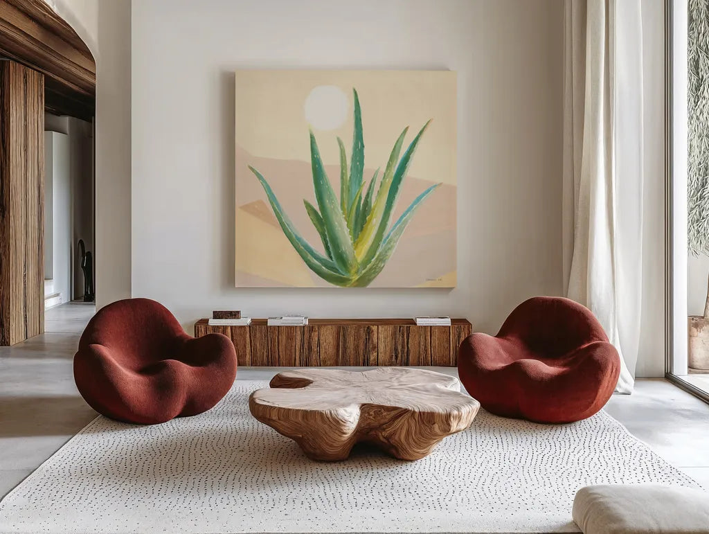 Desert Greenhouse V by Danhui Nai. Shown as extra-large giant wall art in a modern living room. Available as an archival giclee rolled canvas, fine art paper, or poster print. SKU 77995a.