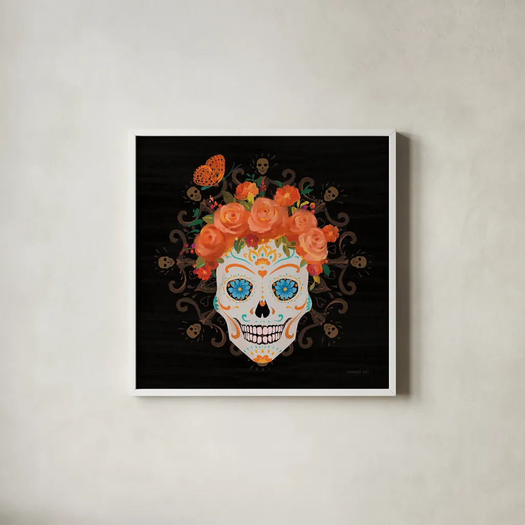 Dia de los Muertos I by Danhui Nai. Shown in a crisp white glass frame for a clean and minimalist style. Available as an archival giclee rolled canvas, fine art paper, or poster print. SKU 85537a.