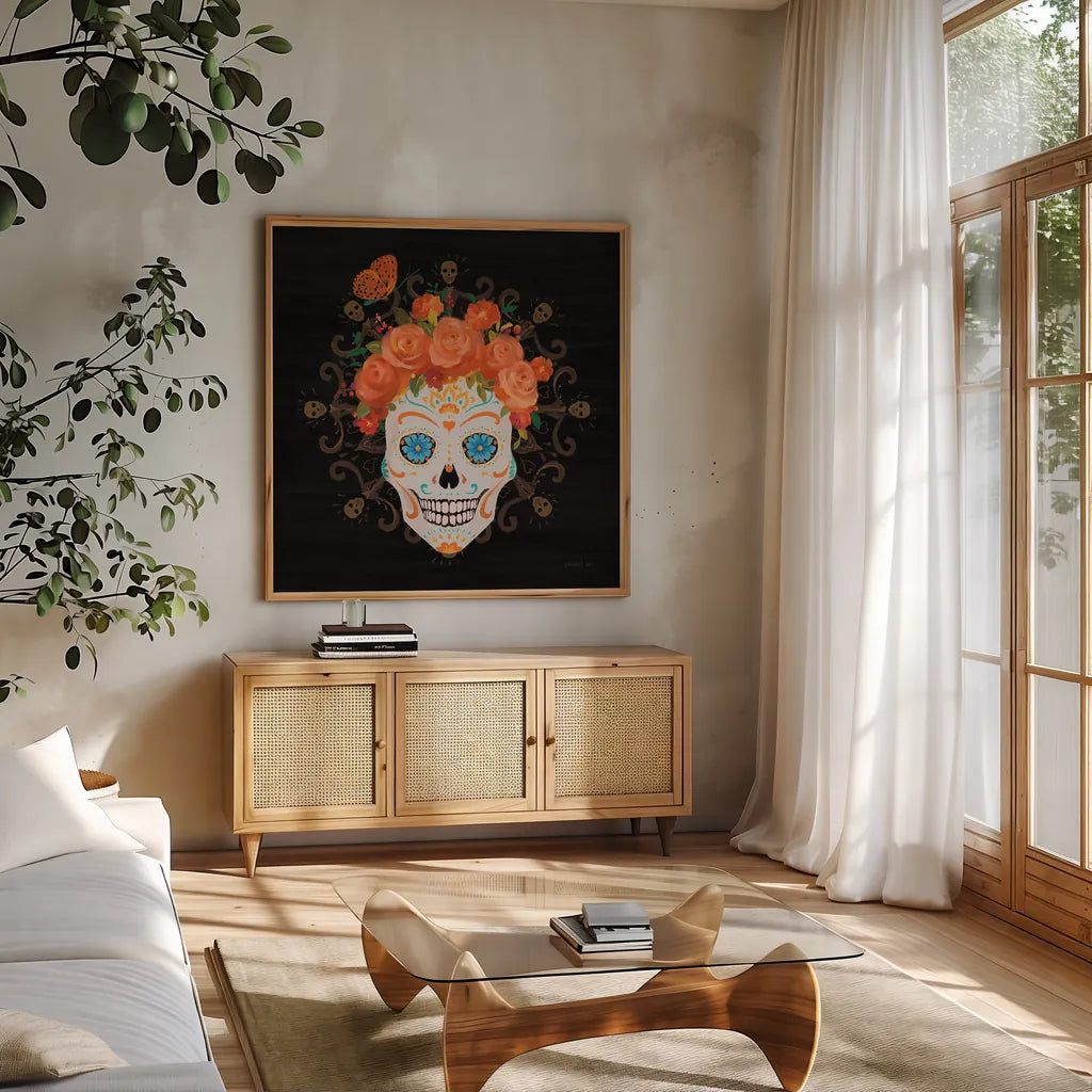 Dia de los Muertos I by Danhui Nai. Shown in a natural wood frame in a cozy modern living room. Available as an archival giclee rolled canvas, fine art paper, or poster print. SKU 85537a.