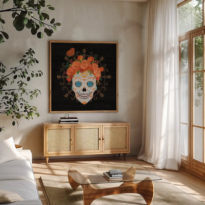 Dia de los Muertos I by Danhui Nai. Shown in a natural wood frame in a cozy modern living room. Available as an archival giclee rolled canvas, fine art paper, or poster print. SKU 85537a.