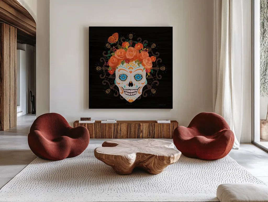 Dia de los Muertos I by Danhui Nai. Shown as extra-large giant wall art in a modern living room. Available as an archival giclee rolled canvas, fine art paper, or poster print. SKU 85537a.