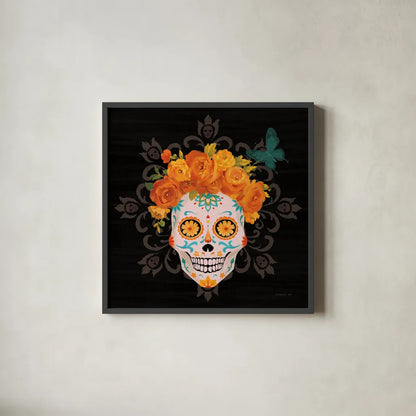 Dia de los Muertos II by Danhui Nai. Shown in a sleek black glass frame for a contemporary gallery look. Available as an archival giclee rolled canvas, fine art paper, or poster print. SKU 85538a.