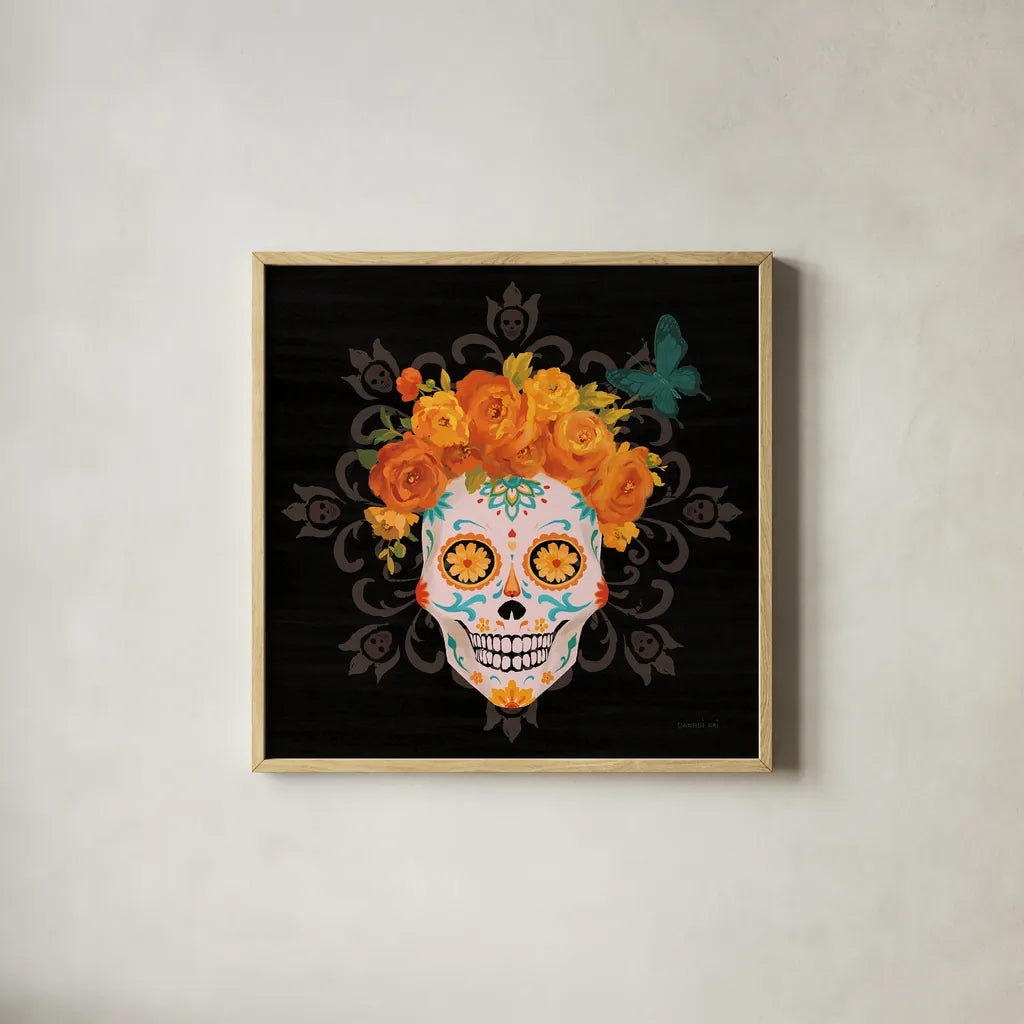 Dia de los Muertos II by Danhui Nai. Shown in a natural wood glass frame for a timeless modern aesthetic. Available as an archival giclee rolled canvas, fine art paper, or poster print. SKU 85538a.