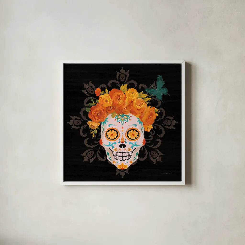 Dia de los Muertos II by Danhui Nai. Shown in a crisp white glass frame for a clean and minimalist style. Available as an archival giclee rolled canvas, fine art paper, or poster print. SKU 85538a.
