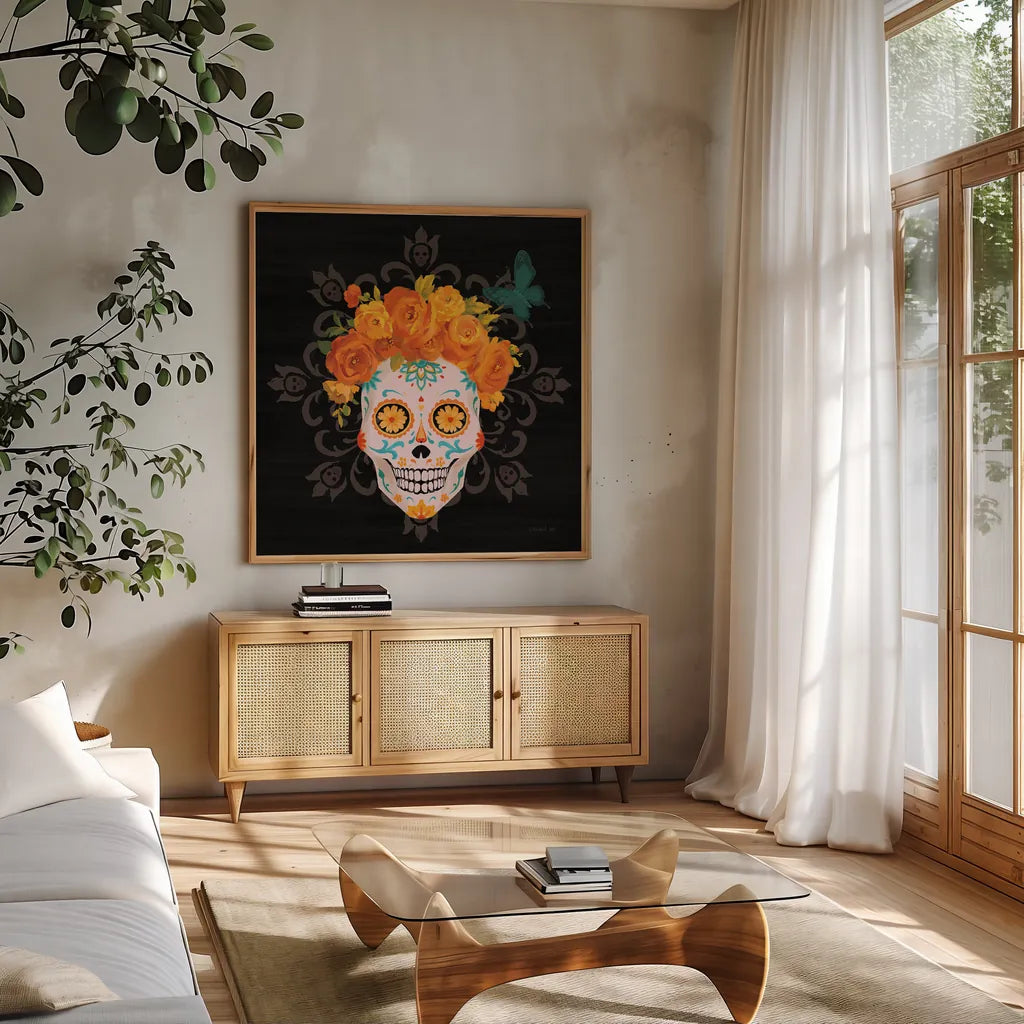 Dia de los Muertos II by Danhui Nai. Shown in a natural wood frame in a cozy modern living room. Available as an archival giclee rolled canvas, fine art paper, or poster print. SKU 85538a.