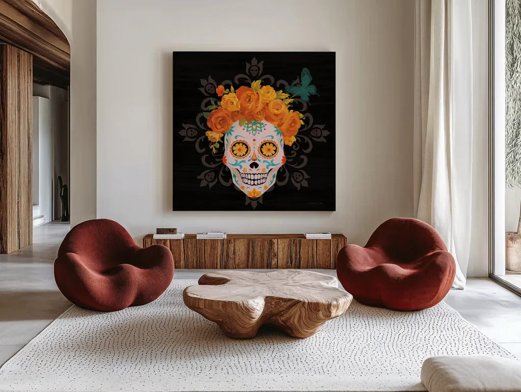 Dia de los Muertos II by Danhui Nai. Shown as extra-large giant wall art in a modern living room. Available as an archival giclee rolled canvas, fine art paper, or poster print. SKU 85538a.