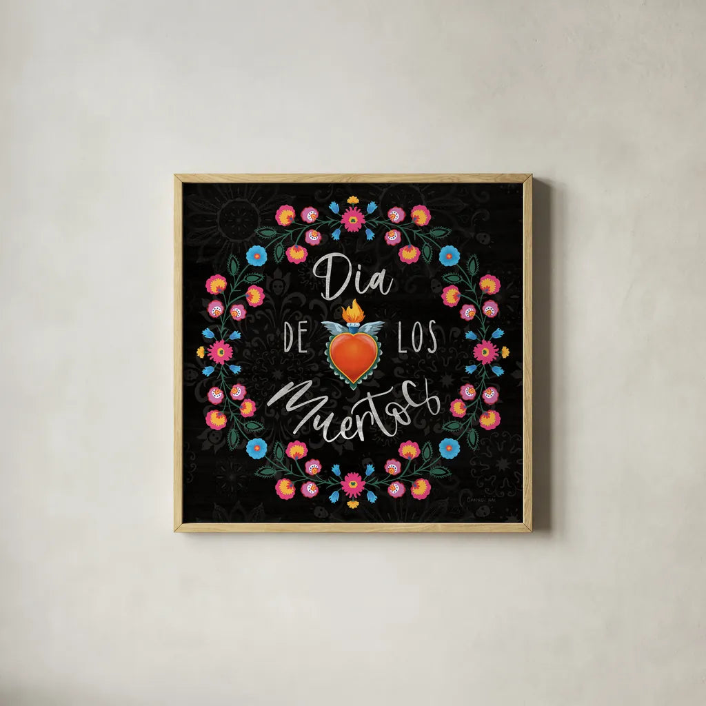 Dia de los Muertos III by Danhui Nai. Shown in a natural wood glass frame for a timeless modern aesthetic. Available as an archival giclee rolled canvas, fine art paper, or poster print. SKU 85539a.