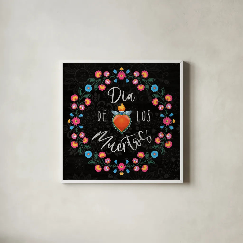 Dia de los Muertos III by Danhui Nai. Shown in a crisp white glass frame for a clean and minimalist style. Available as an archival giclee rolled canvas, fine art paper, or poster print. SKU 85539a.