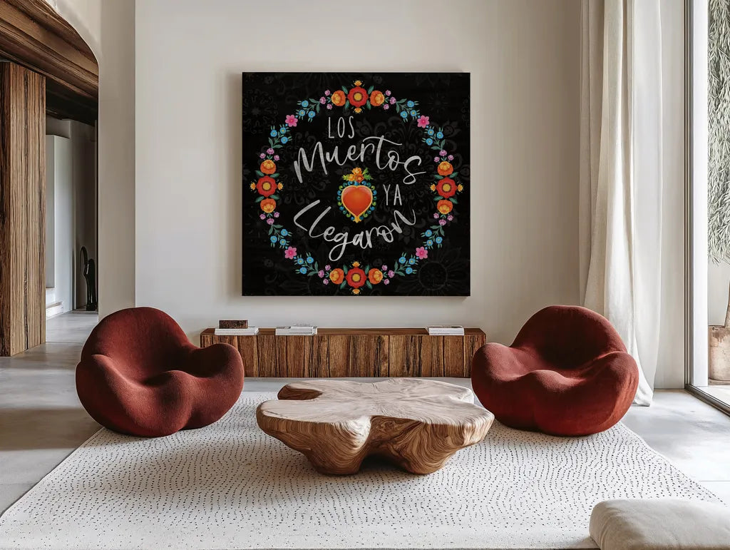 Dia de los Muertos IV by Danhui Nai. Shown as extra-large giant wall art in a modern living room. Available as an archival giclee rolled canvas, fine art paper, or poster print. SKU 85540a.