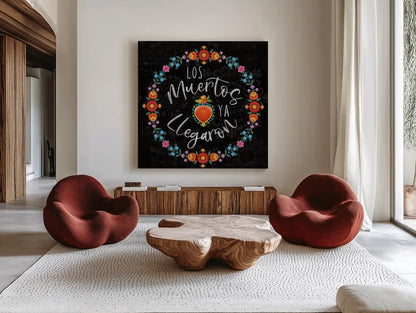 Dia de los Muertos IV by Danhui Nai. Shown as extra-large giant wall art in a modern living room. Available as an archival giclee rolled canvas, fine art paper, or poster print. SKU 85540a.
