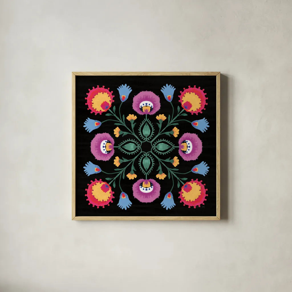 Dia de los Muertos IX by Danhui Nai. Shown in a natural wood glass frame for a timeless modern aesthetic. Available as an archival giclee rolled canvas, fine art paper, or poster print. SKU 85545a.