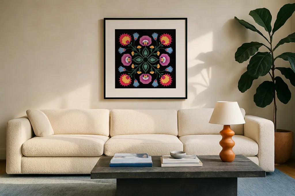 Dia de los Muertos IX by Danhui Nai. Displayed in a glass frame with matte in a clean modern living room. Available as an archival giclee rolled canvas, fine art paper, or poster print. SKU 85545a.