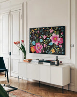 Dia de los Muertos V by Danhui Nai. shown as a framed stretched canvas in a living room above a console. Available as a archival giclee rolled canvas, fine art paper, or poster print. SKU 85541i.