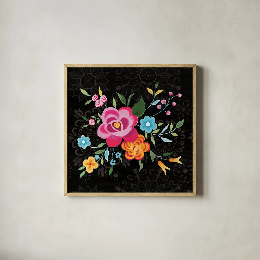 Dia de los Muertos VII by Danhui Nai. Shown in a natural wood glass frame for a timeless modern aesthetic. Available as an archival giclee rolled canvas, fine art paper, or poster print. SKU 85543a.