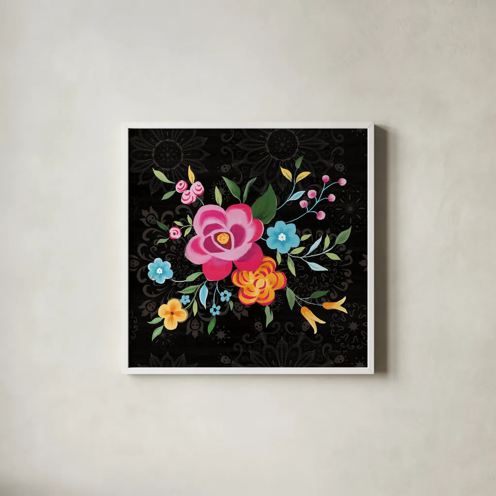 Dia de los Muertos VII by Danhui Nai. Shown in a crisp white glass frame for a clean and minimalist style. Available as an archival giclee rolled canvas, fine art paper, or poster print. SKU 85543a.