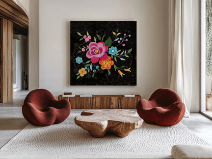 Dia de los Muertos VII by Danhui Nai. Shown as extra-large giant wall art in a modern living room. Available as an archival giclee rolled canvas, fine art paper, or poster print. SKU 85543a.