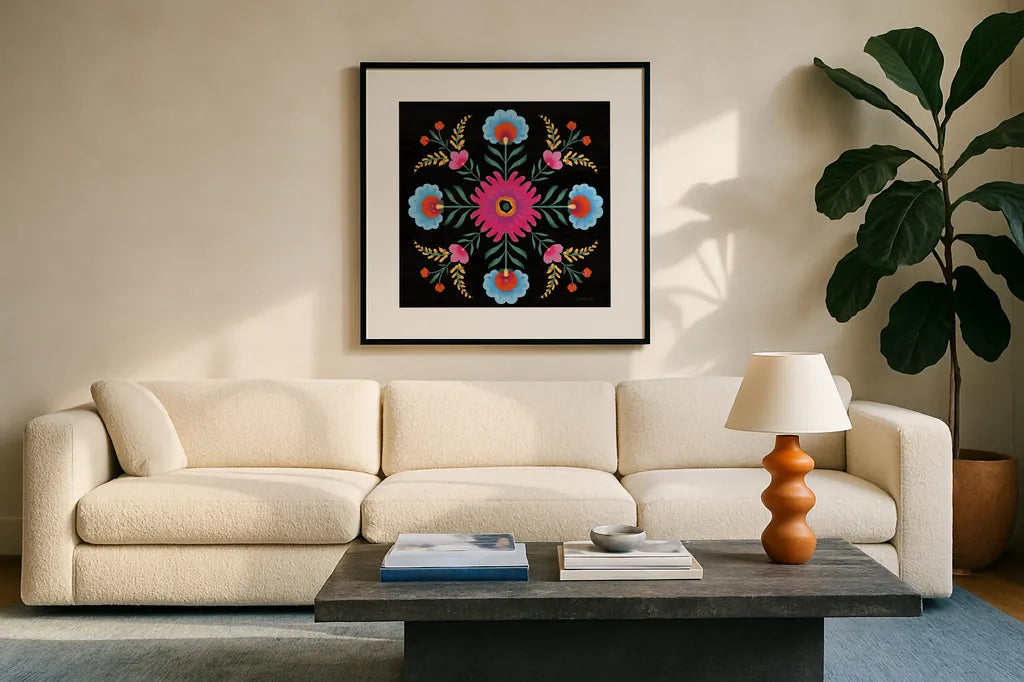 Dia de los Muertos VIII by Danhui Nai. Displayed in a glass frame with matte in a clean modern living room. Available as an archival giclee rolled canvas, fine art paper, or poster print. SKU 85544a.