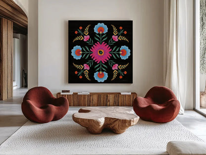Dia de los Muertos VIII by Danhui Nai. Shown as extra-large giant wall art in a modern living room. Available as an archival giclee rolled canvas, fine art paper, or poster print. SKU 85544a.