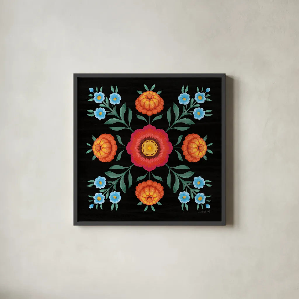 Dia de los Muertos X by Danhui Nai. Shown in a sleek black glass frame for a contemporary gallery look. Available as an archival giclee rolled canvas, fine art paper, or poster print. SKU 85546a.